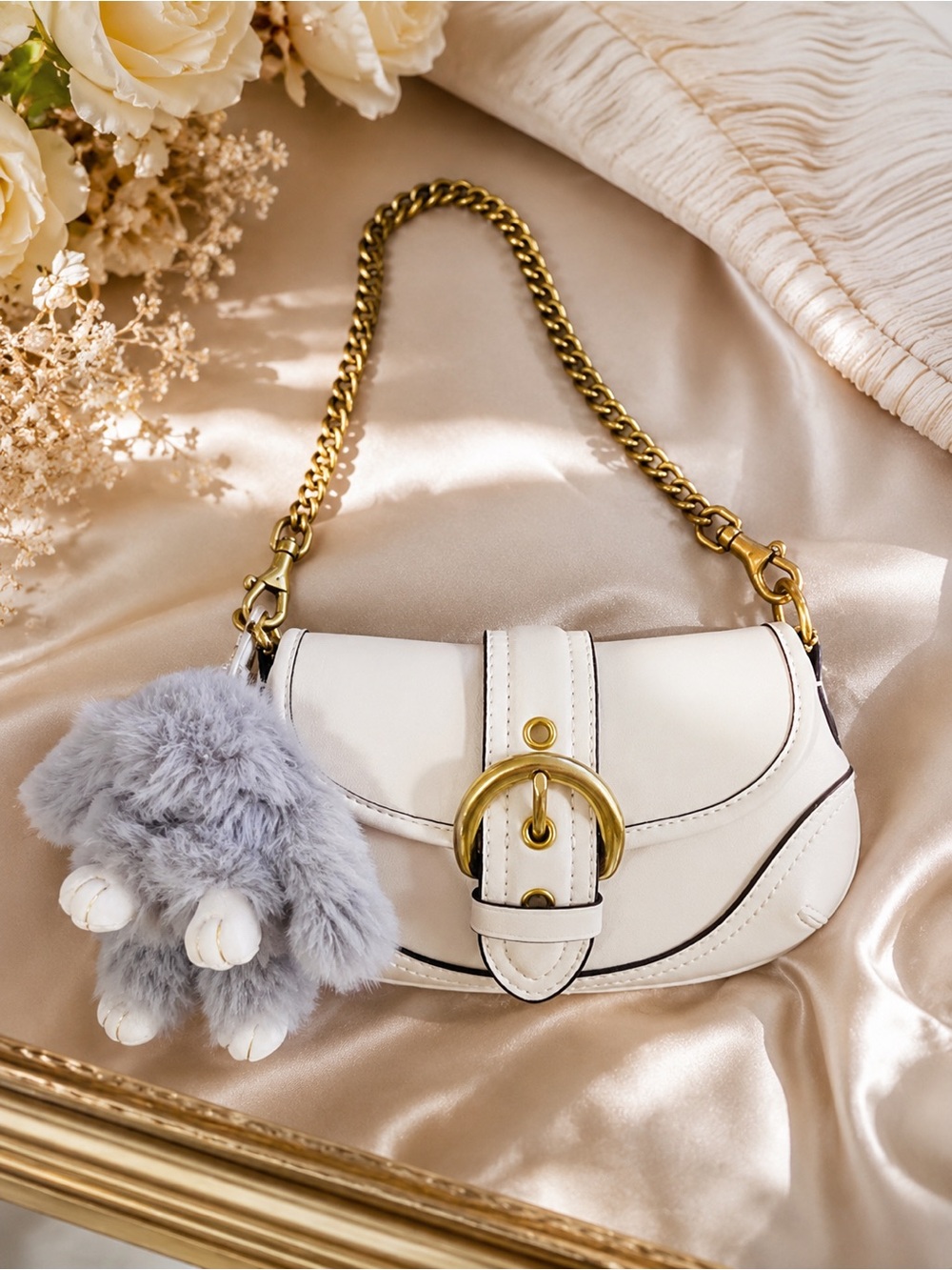 Elegant White Soho 25 Bag – Gold Chain & Cute Charms 🤍✨Re-edition special 2008